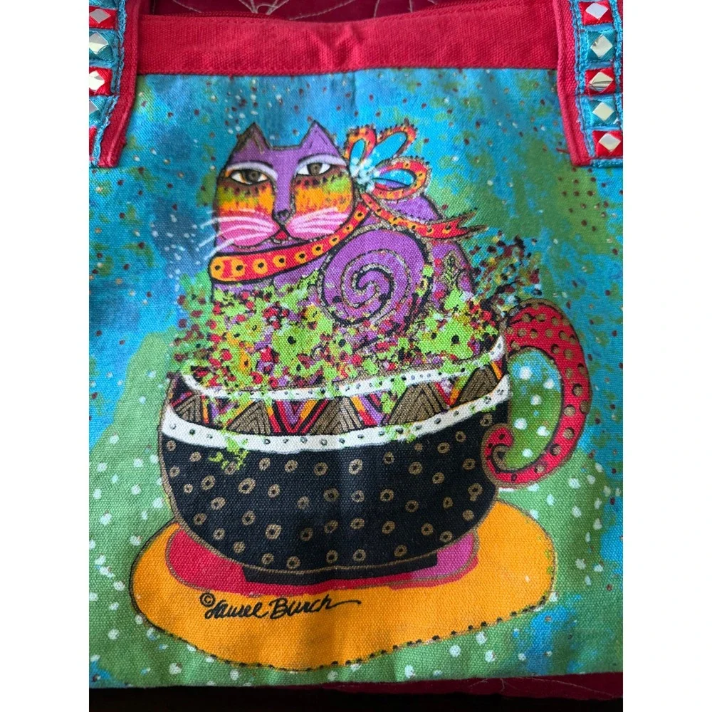 Laurel Burch Cat in Teacup Canvas Tote Bag Turquoise Red Mirror Straps Folk Art
